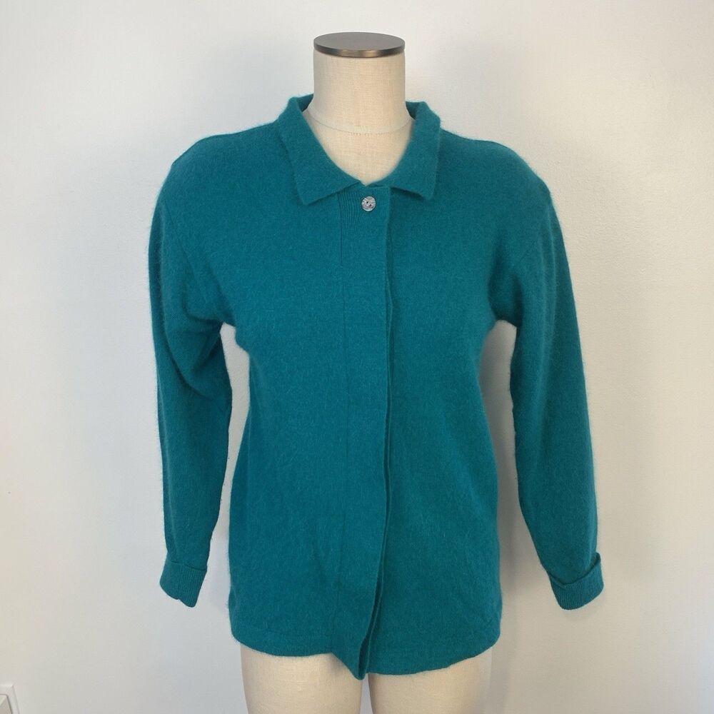 VTG Samantha Hall Womens S Lambswool Angora Blend Teal Cardigan Sweater Collar